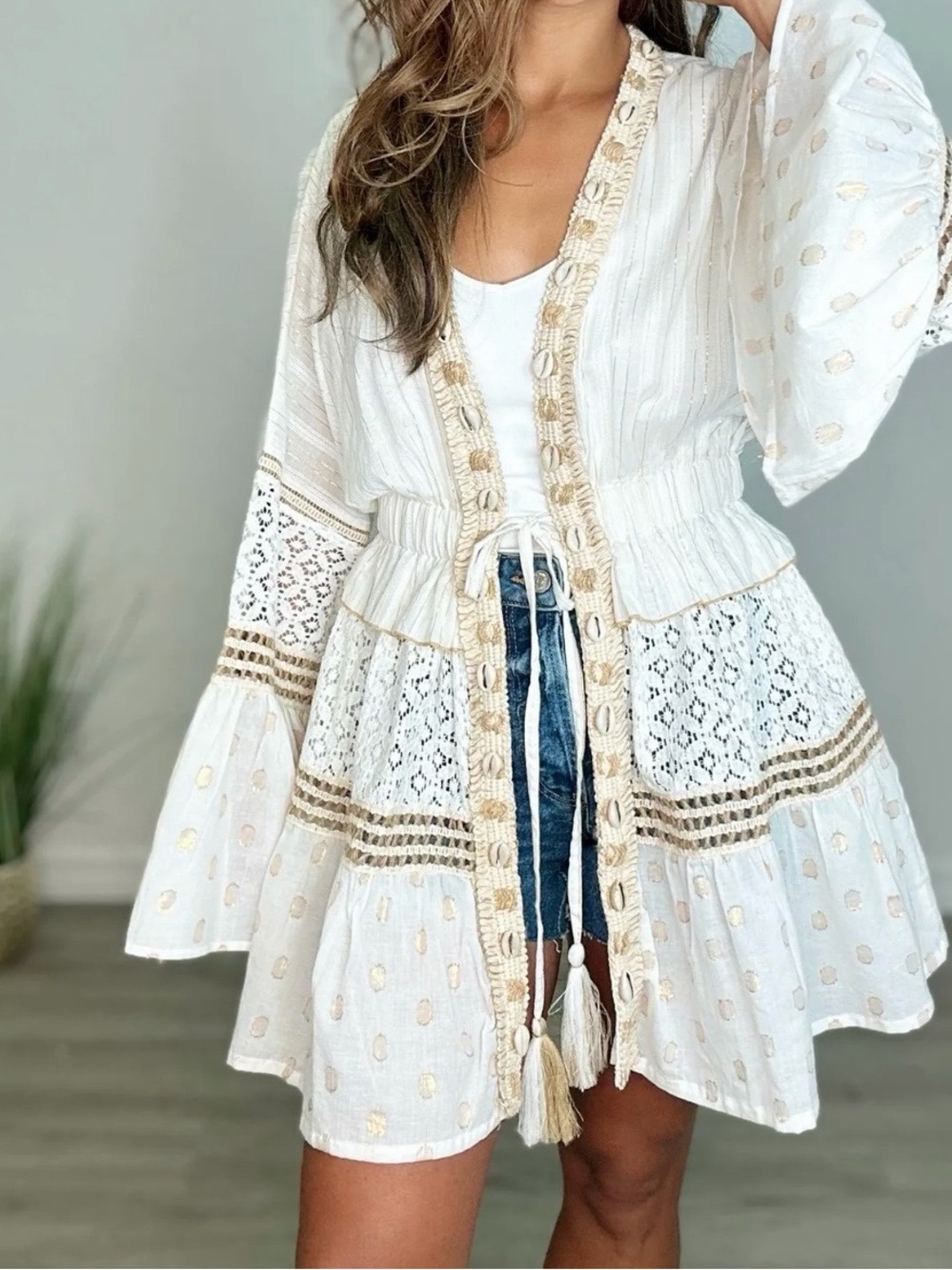 POL NEW White Shell-Trimmed Kimono